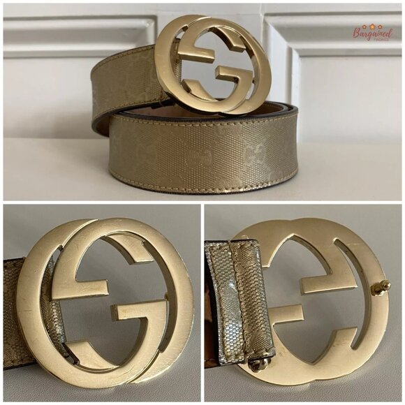Authentic Gucci Gold Imprime Monogram Leather Interlocking G Buckle Belt 85/34 main image 13